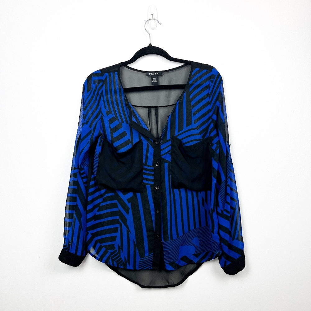 UK2LA Black and Blue Striped Sheer Button-Up Top